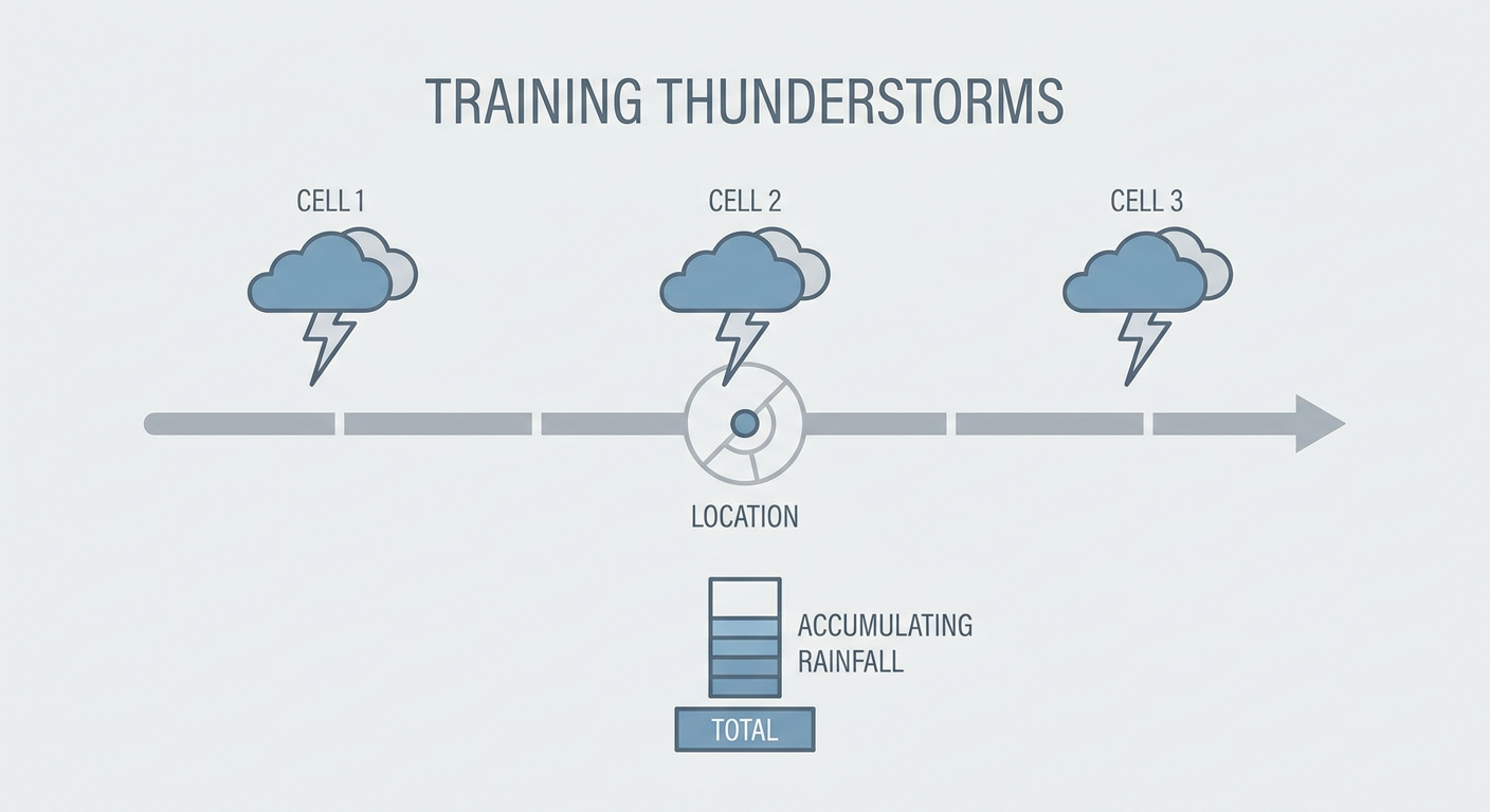 A simple flowchart diagram illustrating how training thunderstorms form, showing repeated storm cells moving over the same location along a stalled boundary, with rainfall totals accumulating below in a bar graph style, clean infographic design