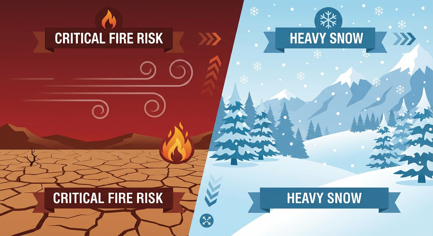 Illustration comparing the fire risk in the South to the snow in New England