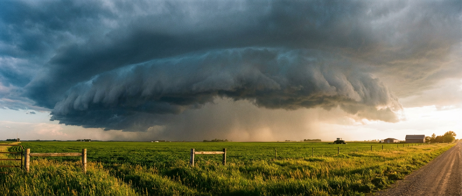 A dark, ominous supercell cloud formation advancing over a flat green Midwestern farm field