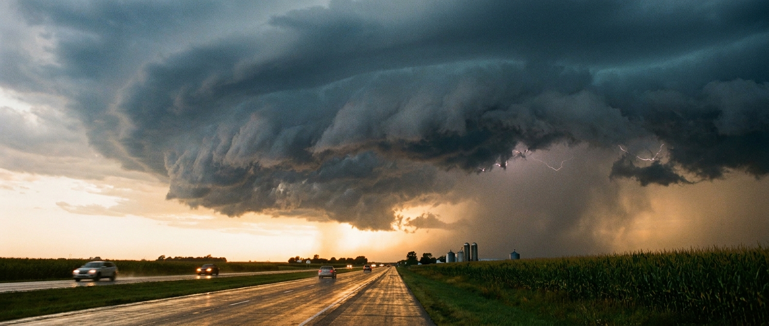 Dark shelf cloud advancing over a midwestern highway