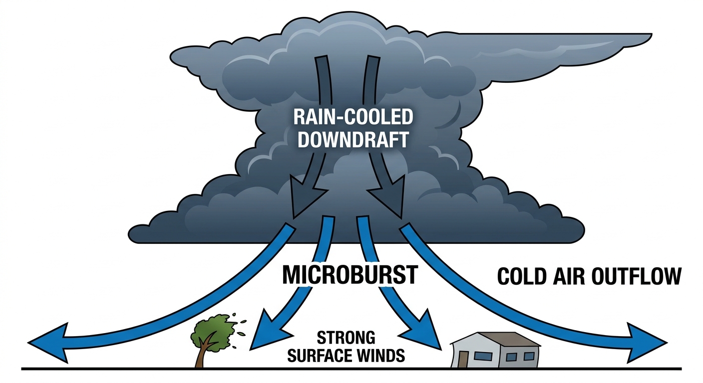 Diagram of a thunderstorm downburst