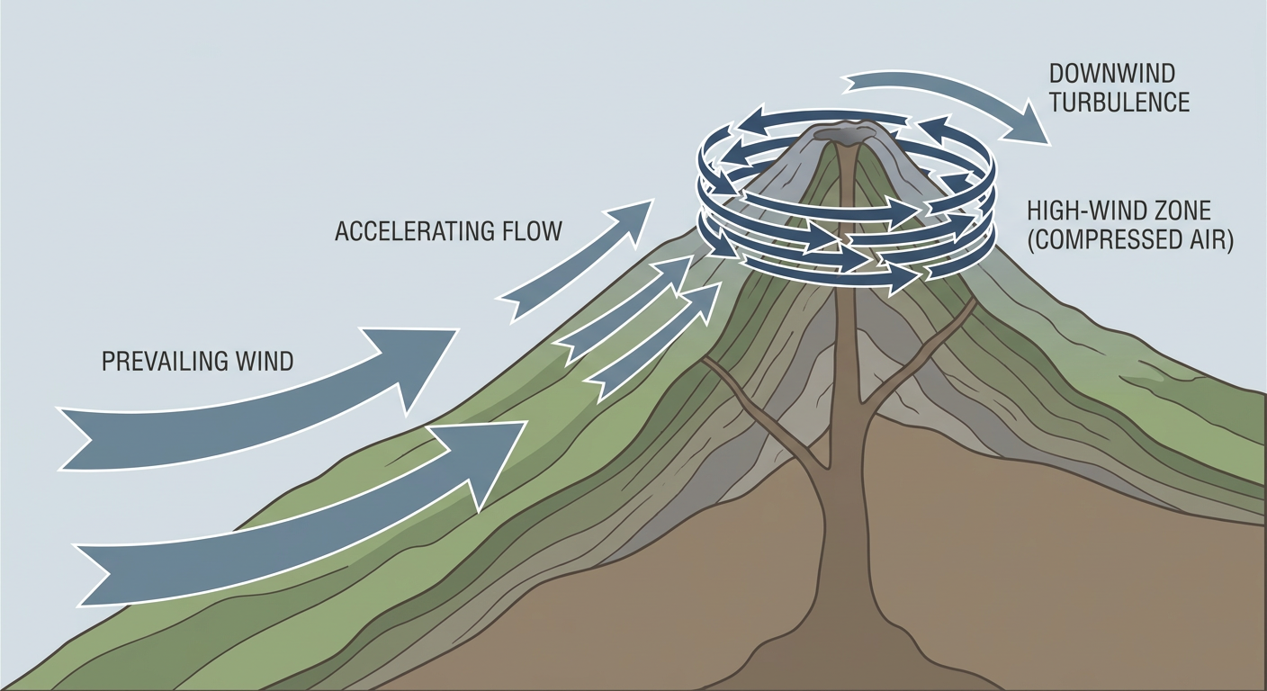 A schematic cross-section diagram showing airflow lines accelerating up and over a steep volcanic mountain slope, illustrating how terrain funnels and speeds up wind, labeled arrows for approaching air and a compressed high-wind zone near the summit, muted blue-gray and green tones, clean educational illustration style, no text overlays other than simple arrow labels
