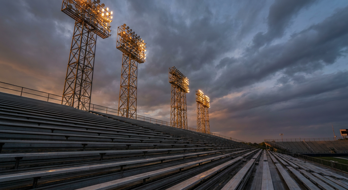 Empty stadium bleachers with stadium lights glowing warm against retreating gray storm clouds in the evening sky, low camera angle looking up, mixed warm and cool color palette