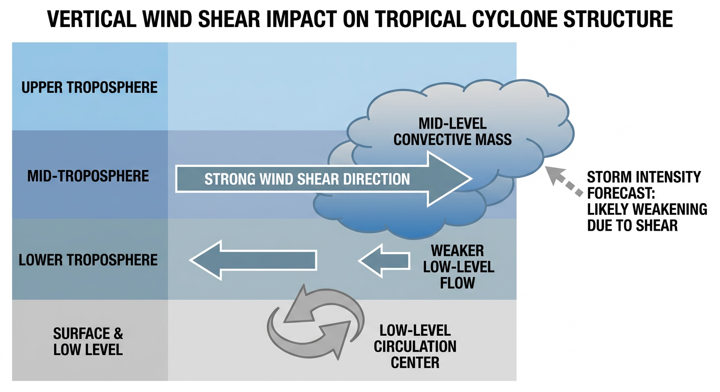 A wind-shear cross-section diagram showing a tropical cyclone's low-level circulation tilted downstream from its mid-level convection, labeled with arrows for shear direction and vortex tilt, clean educational style on a plain background