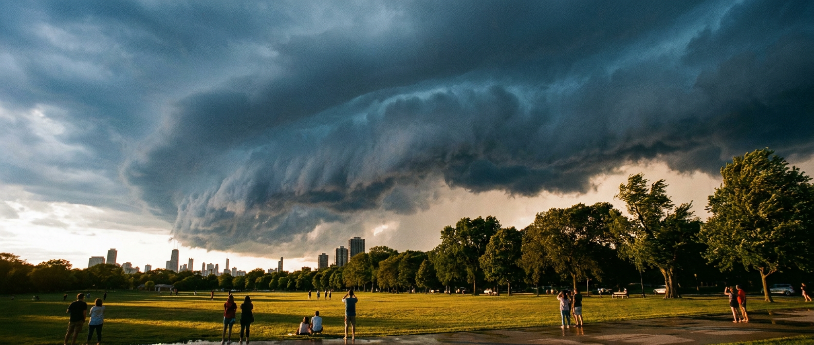 Dark shelf cloud approaching an outdoor park