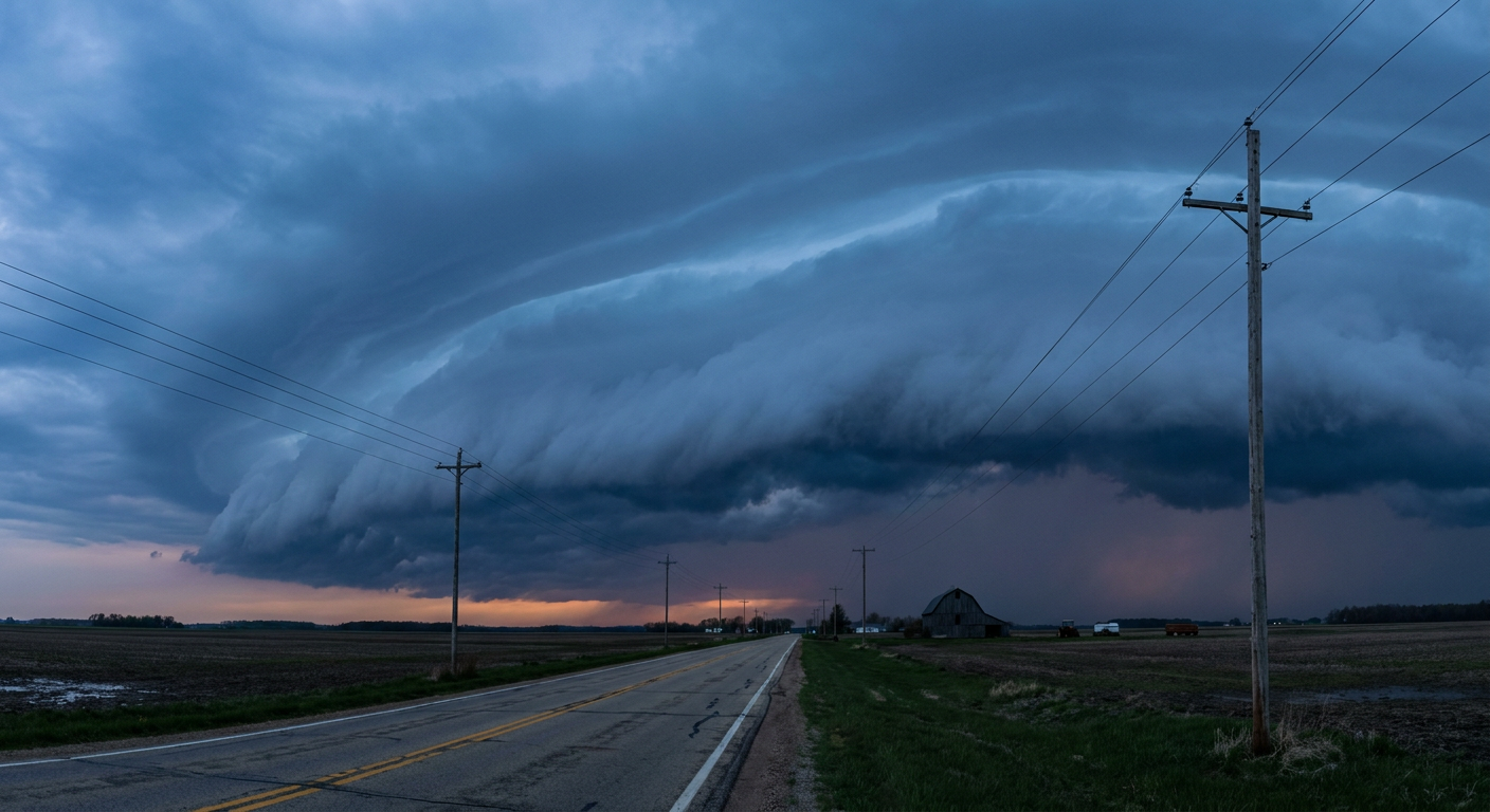 A squall line with a shelf cloud advances over a flat Wisconsin farm field at dusk, deep blue-gray storm clouds rolling over a two-lane rural highway with power lines running alongside, cool color palette with a thin band of fading orange light on the horizon, wide establishing shot