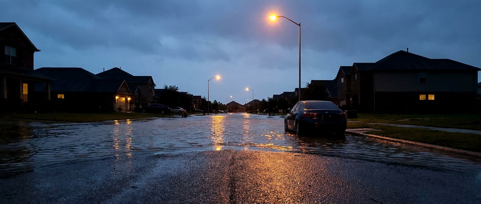 Wide landscape view of a flooded suburban street at dusk, streetlights reflecting on standing water, a parked car partially submerged near the curb, wet pavement glistening, muted blue and amber color palette, low camera angle at street level looking down the flooded roadway