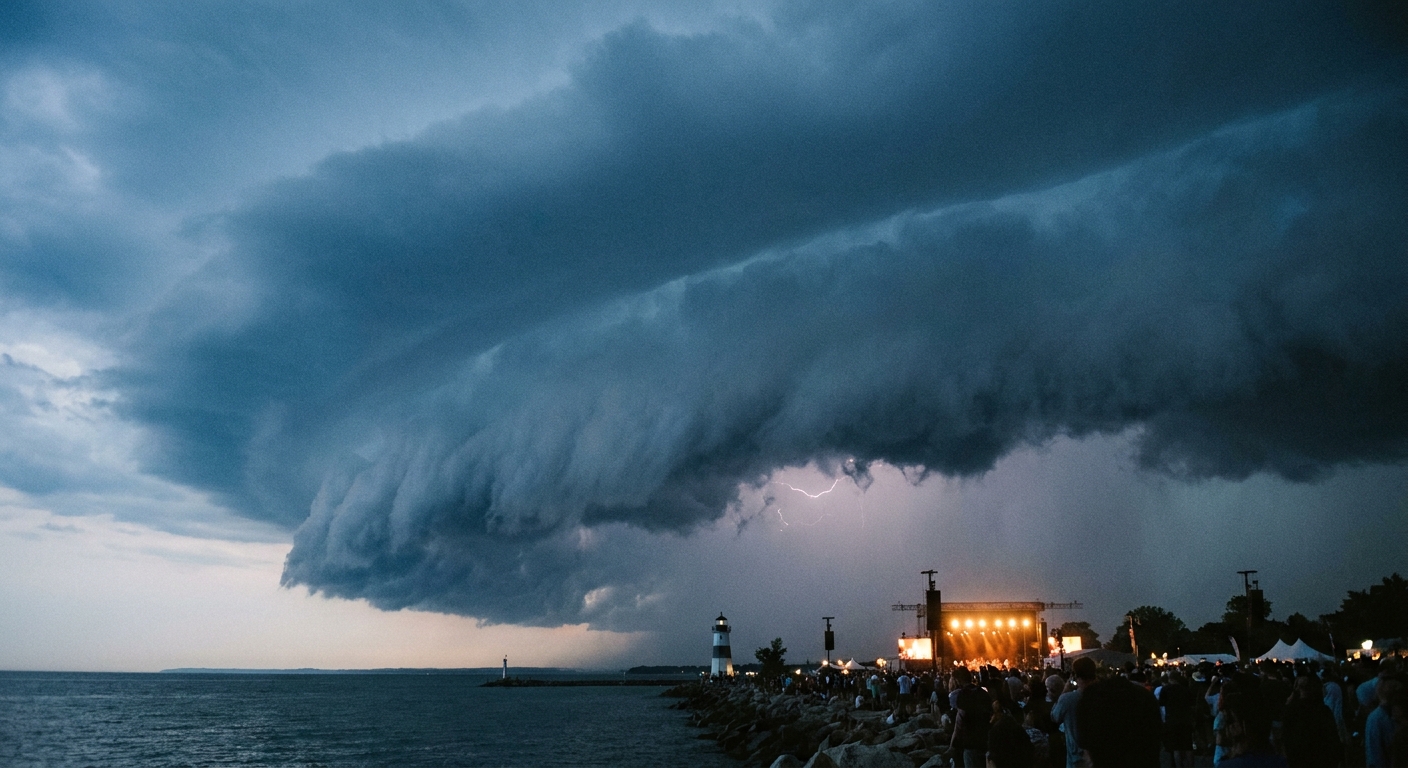 Wall of dark storm clouds with a low shelf edge advancing over a Midwestern lakefront at dusk, distant lightning, warm stage lights glowing beneath