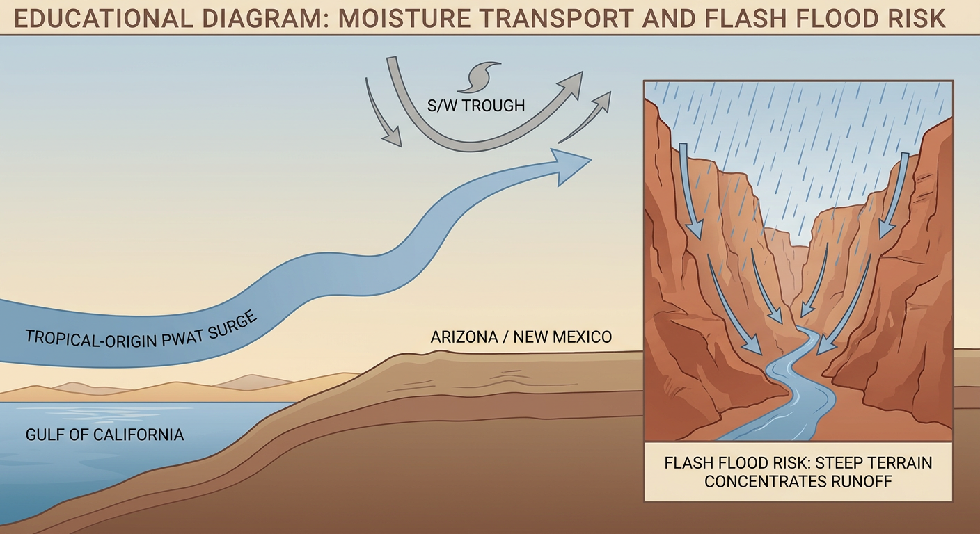 Cross-section diagram showing a low-level jet of tropical moisture streaming north from the Gulf of California into the desert Southwest, with labeled arrows for precipitable water values, a shortwave trough symbol aloft, and an inset showing rain falling on steep canyon terrain funneling into a narrow slot canyon below