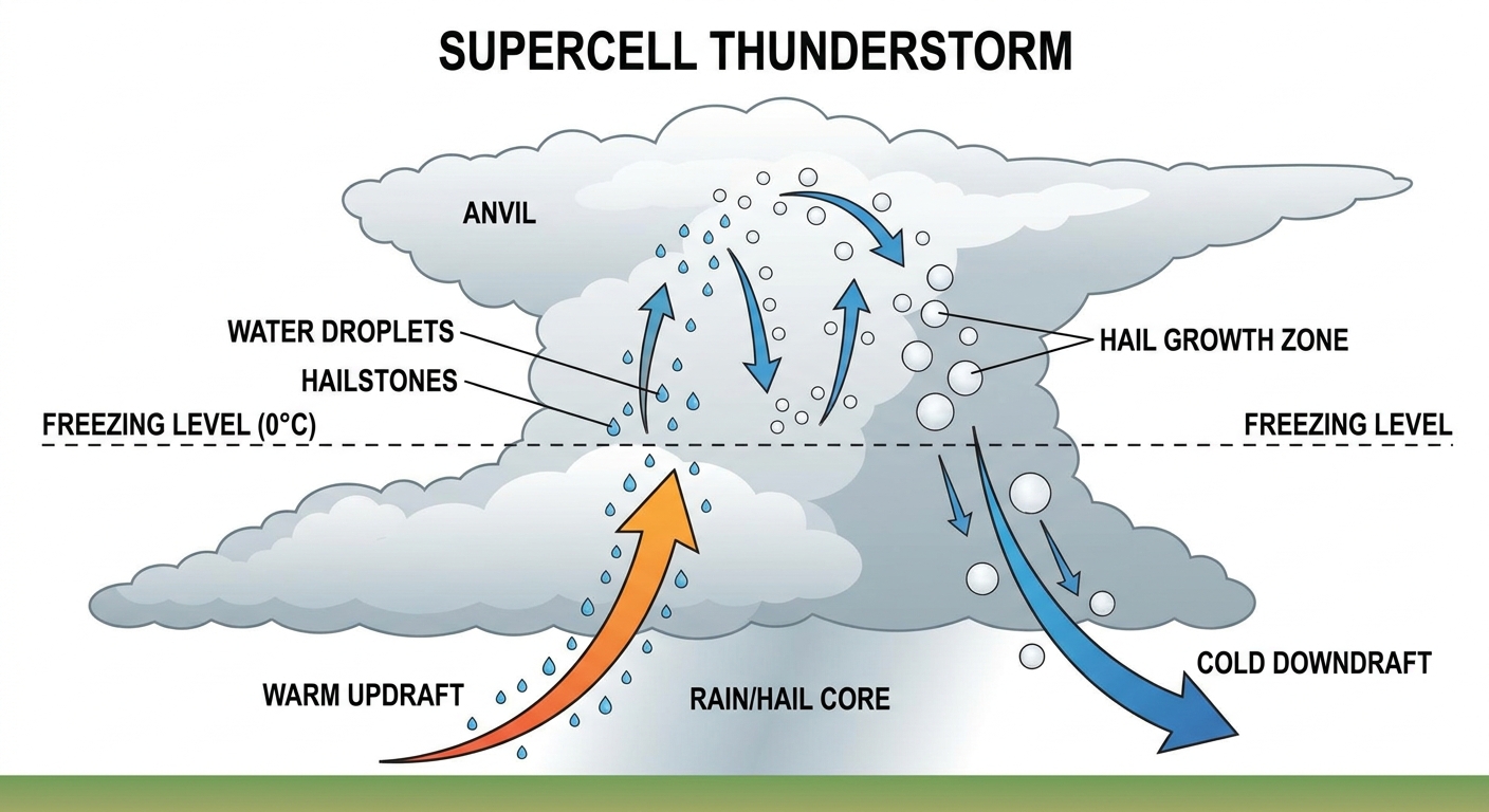 Supercell updraft and hail formation diagram