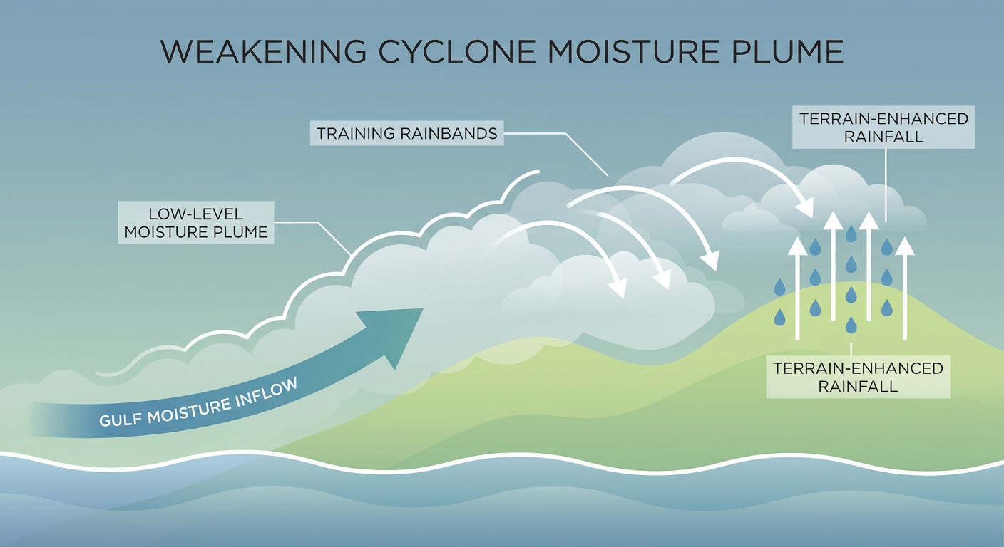 Why a weakened tropical system still floods you: a labeled cross-section diagram