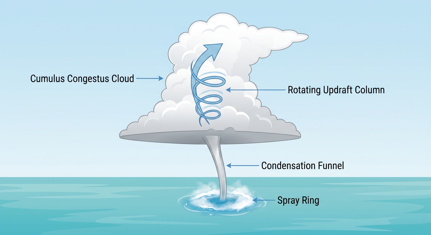 Cross-section diagram showing how a waterspout forms beneath a growing cumulus tower over warm coastal water, labeled with rotating updraft, condensation funnel, and sea spray ring, educational illustration style, no geography or map elements