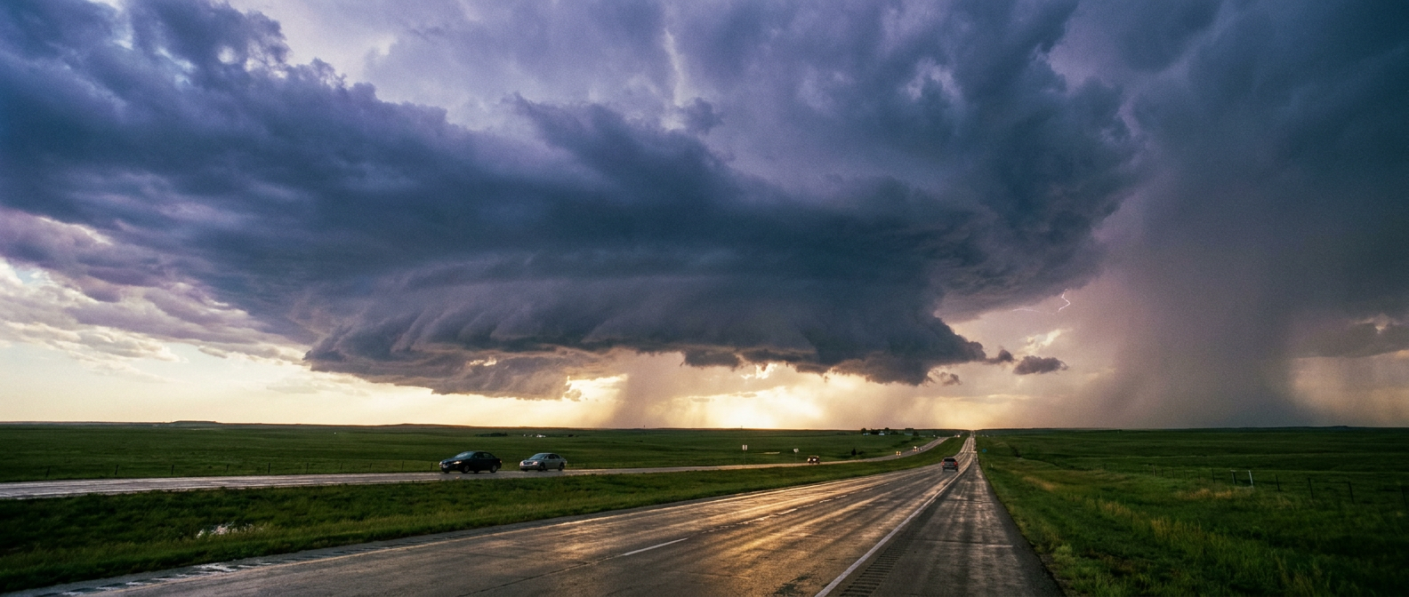 Dark storm clouds advancing over a highway