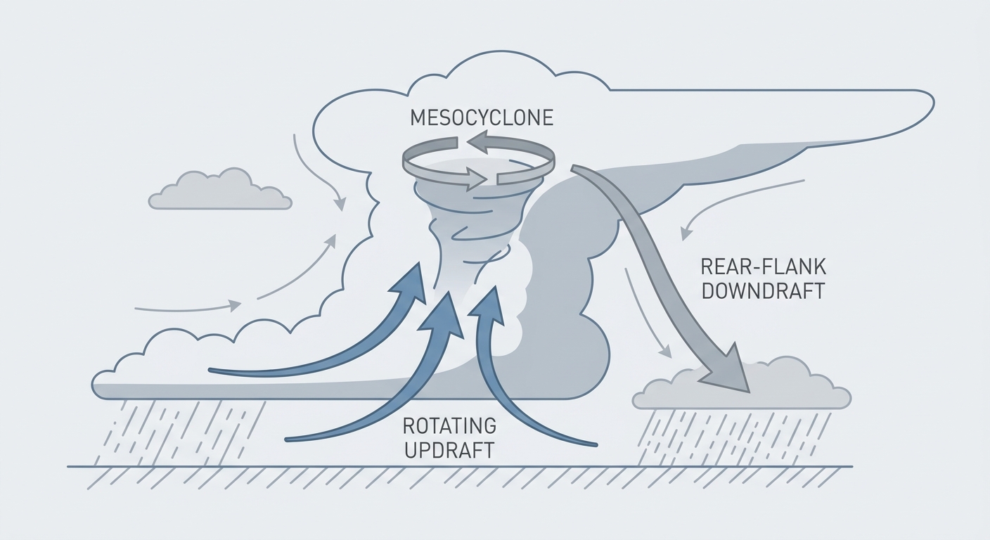 Cross-section diagram showing how wind shear and instability combine to build a supercell thunderstorm, with labeled arrows for updraft, rotating mesocyclone, and rear-flank downdraft, clean educational illustration style, no text overlays besides simple labels