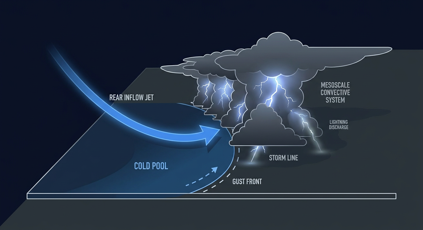 A cross-section diagram showing a nocturnal mesoscale convective system with a rear inflow jet driving straight-line winds toward the surface, labeled with arrows for the rear inflow jet, gust front, and descending cold pool, rendered in muted blues and grays, educational schematic style, no text overlays beyond simple labels