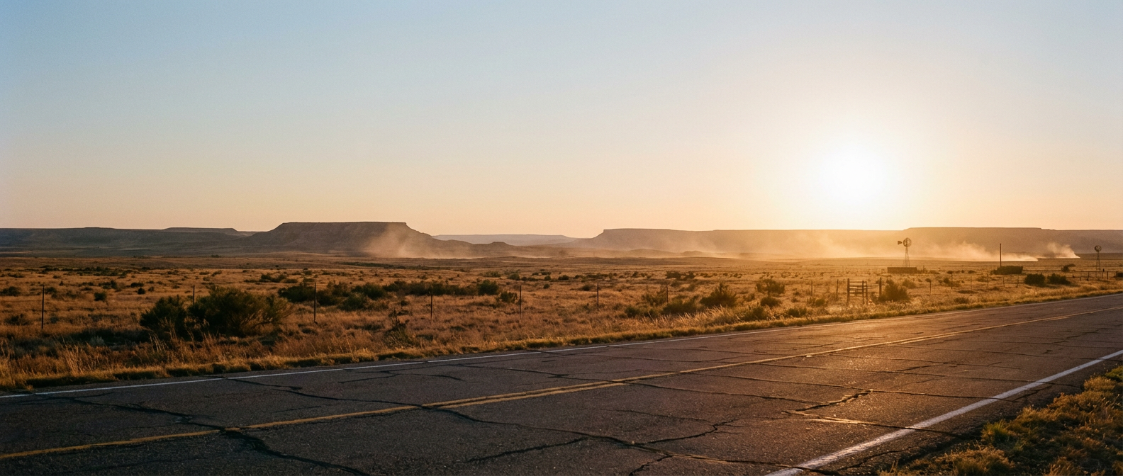 Sun beating down on a dry Texas landscape