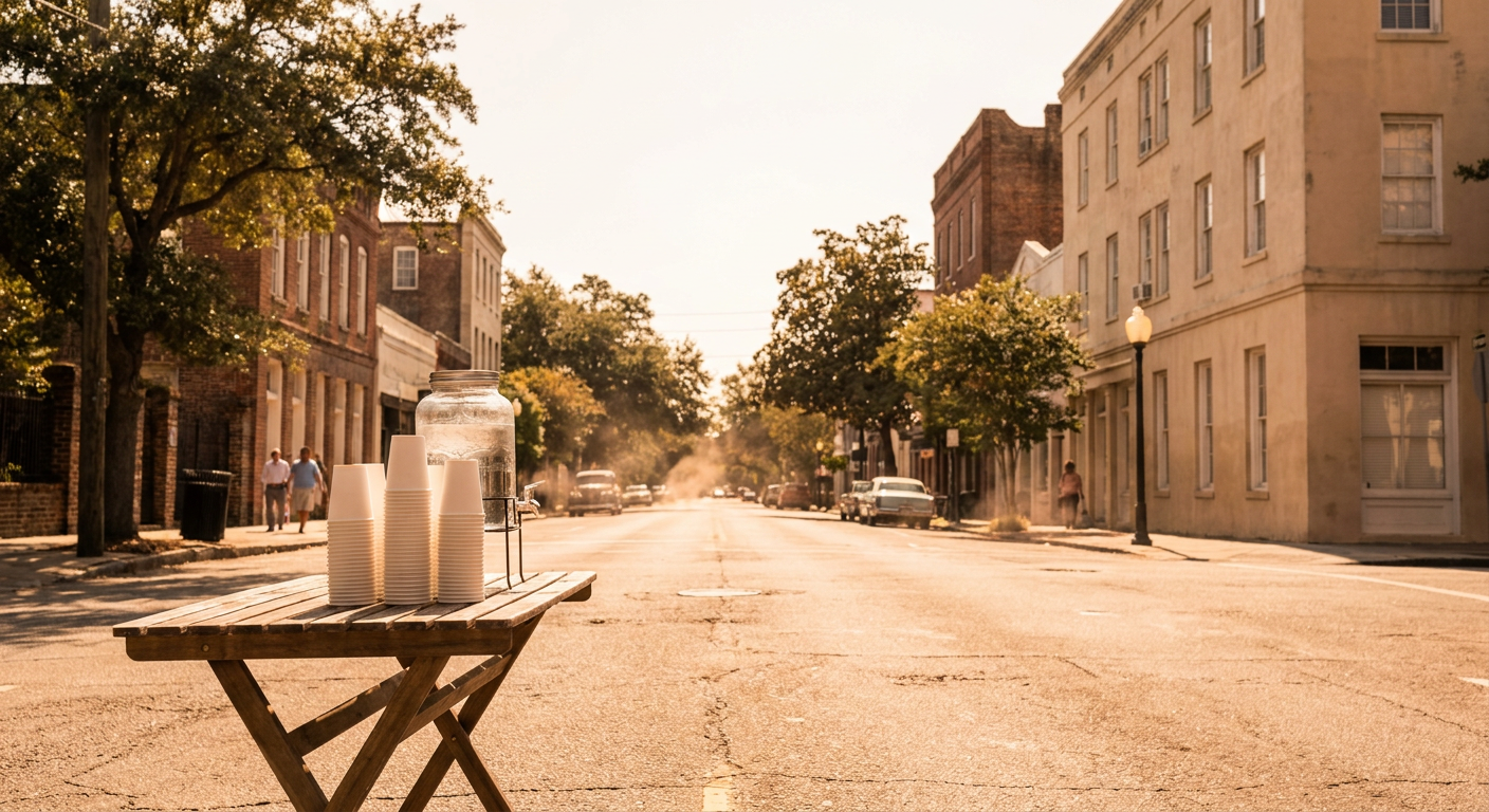 A runner's view down a sun-baked city avenue at mid-morning, heat shimmer rising off the pavement, water station tables in the foreground