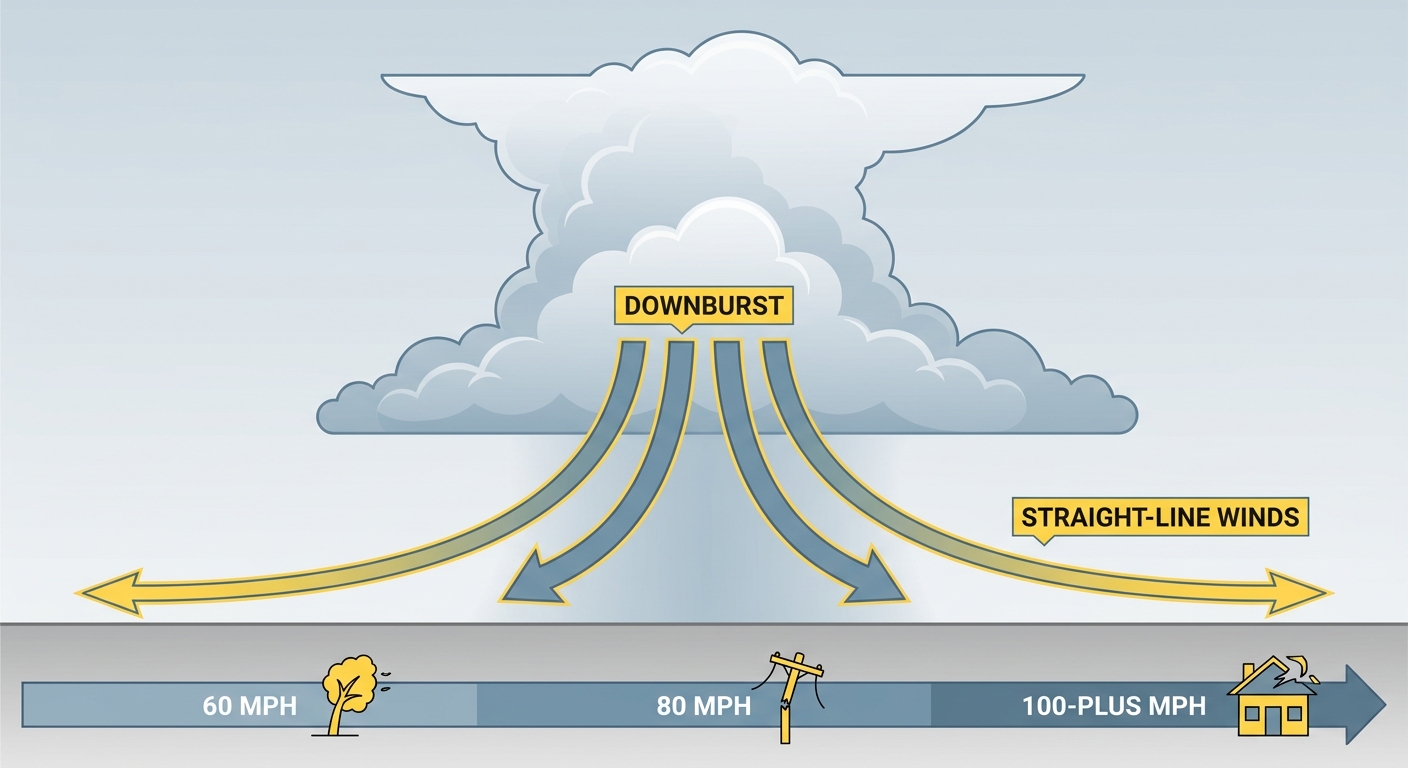 Cross-section diagram showing how strong winds aloft mix down to the surface inside a thunderstorm, with labeled arrows for the rear-flank downdraft, a wall of dust and debris at ground level, and a scale comparing 60 mph, 80 mph, and 100-plus mph gust intensity to everyday damage like snapped power poles and peeled roofs.