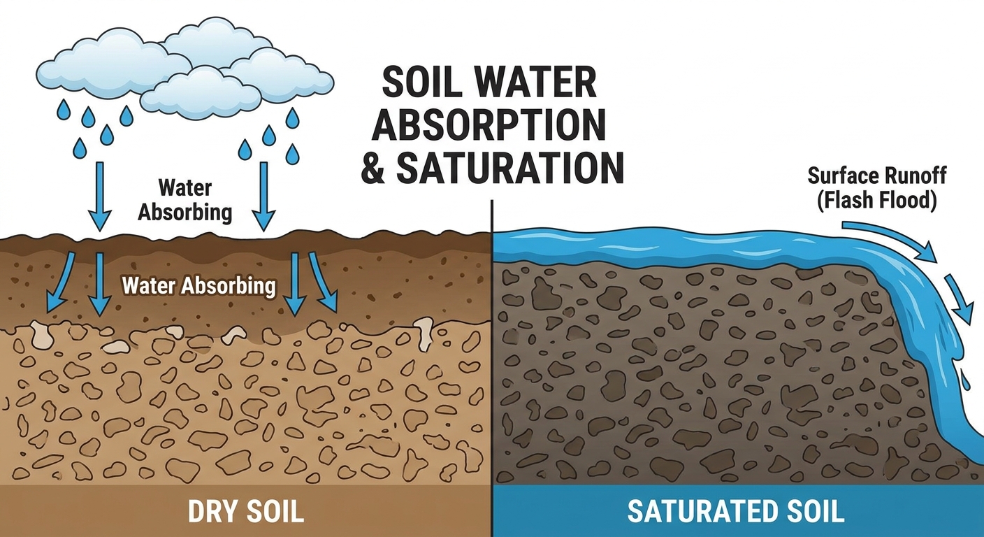 Diagram showing how saturated soil leads to rapid runoff