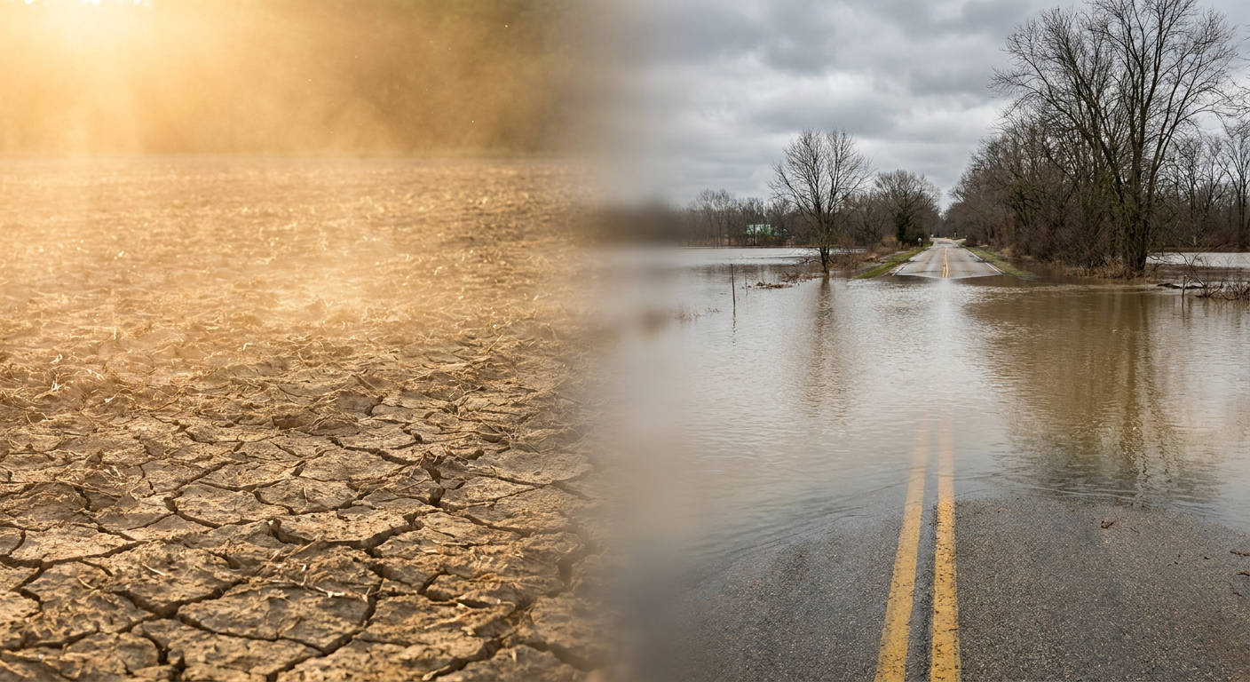 A side-by-side ground-level illustration comparing a bone-dry cracked field under harsh afternoon sun on one side against a flooded rural roadway with standing brown water reflecting an overcast sky on the other, connected by a soft gradient in the middle, warm dusty tones on the dry side transitioning to cool gray-green tones on the wet side, wide eye-level perspective