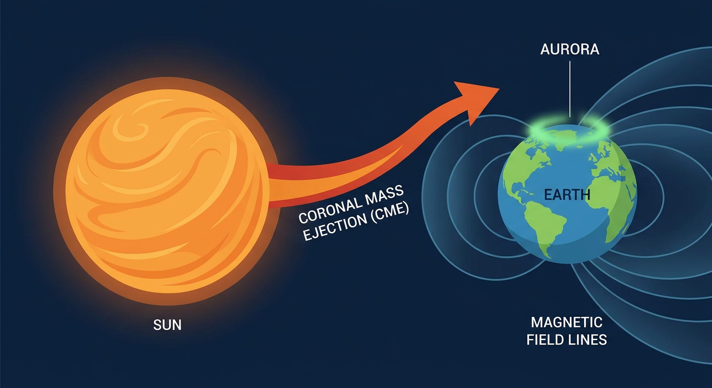 A simple labeled diagram of the sun-to-Earth solar wind path, showing a coronal mass ejection traveling from the sun toward Earth's magnetosphere and triggering aurora at the poles