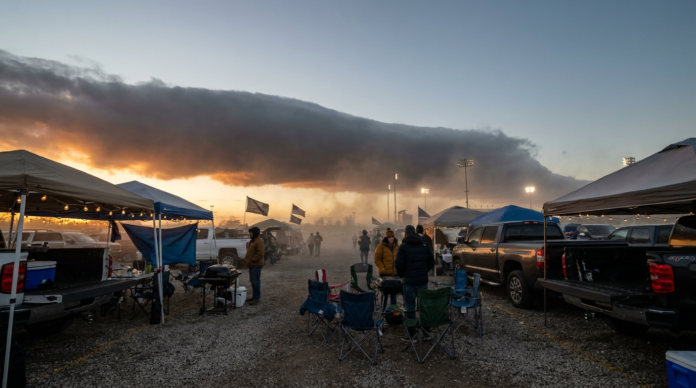 A shelf cloud advances over a college football stadium parking lot at dusk, tailgate tents and parked trucks in the foreground, string lights swaying in the wind, warm stadium lights glowing against a darkening blue-gray sky, wide low-angle shot