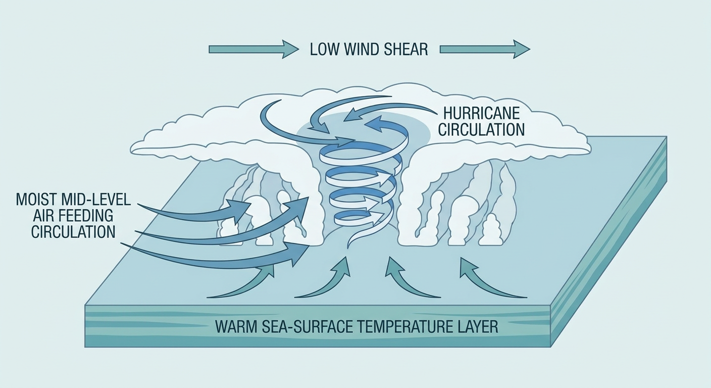 Diagram showing the ingredients that feed a rapidly strengthening hurricane