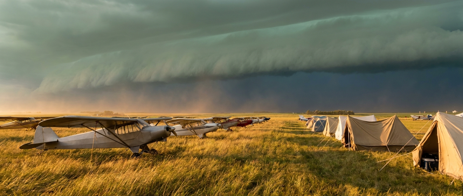 Rows of small aircraft parked on an open grass airfield under an approaching greenish-gray shelf cloud, canvas tents flapping in the outflow wind, wide low-angle shot at golden late-afternoon light fading into storm shadow, warm amber foreground against cool blue-gray sky, no text or logos