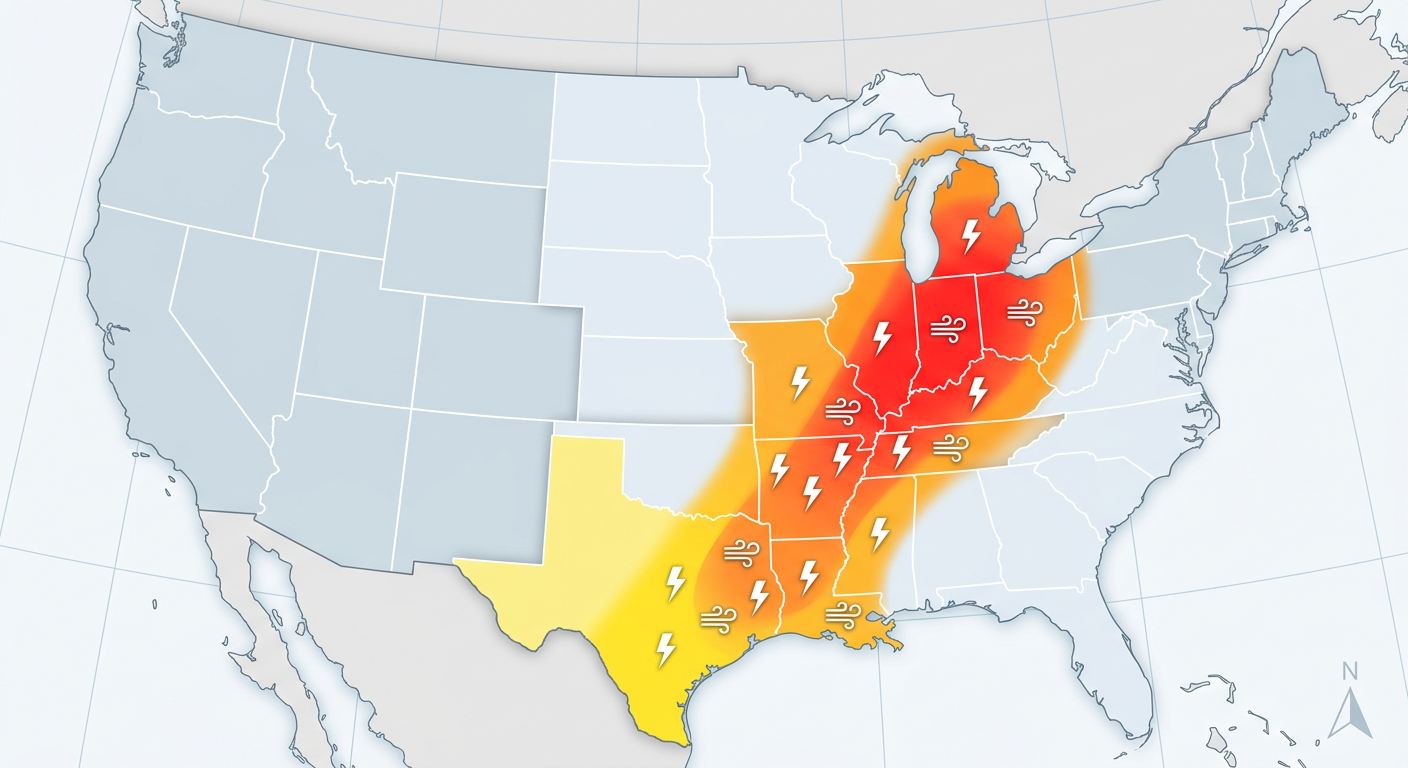 A clean infographic map of the central and southern United States showing a highlighted risk corridor from Texas up into Indiana. The graphic uses a gradient of yellow to orange to red to indicate severe weather risk, with stylized lightning bolt and wind icons. No text, logos, or broadcast UI included.