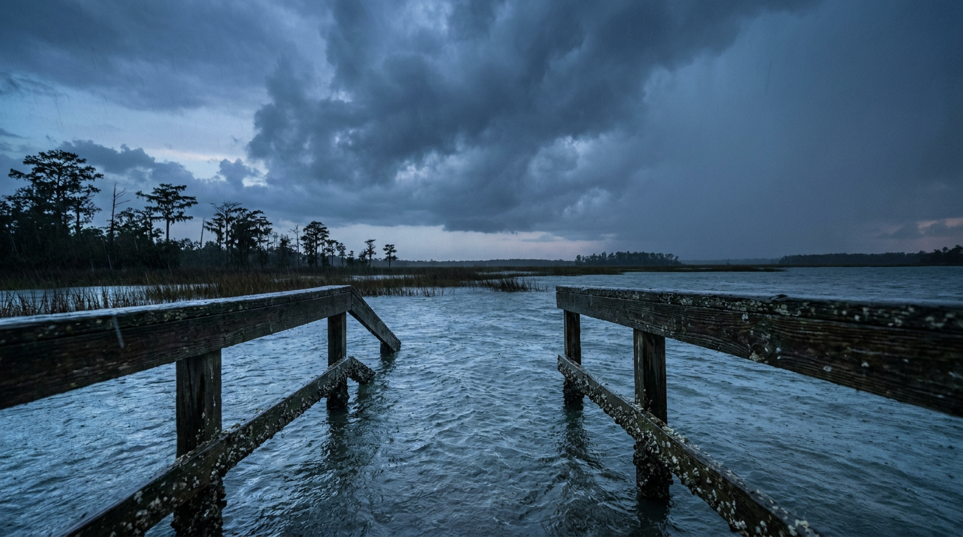 A dim coastal marsh under heavy dark rain clouds, with a half-submerged wooden dock railing in the foreground, cool blue-gray palette, early evening light fading behind thick cloud cover, wide low-angle shot looking up at the rolling cloud base