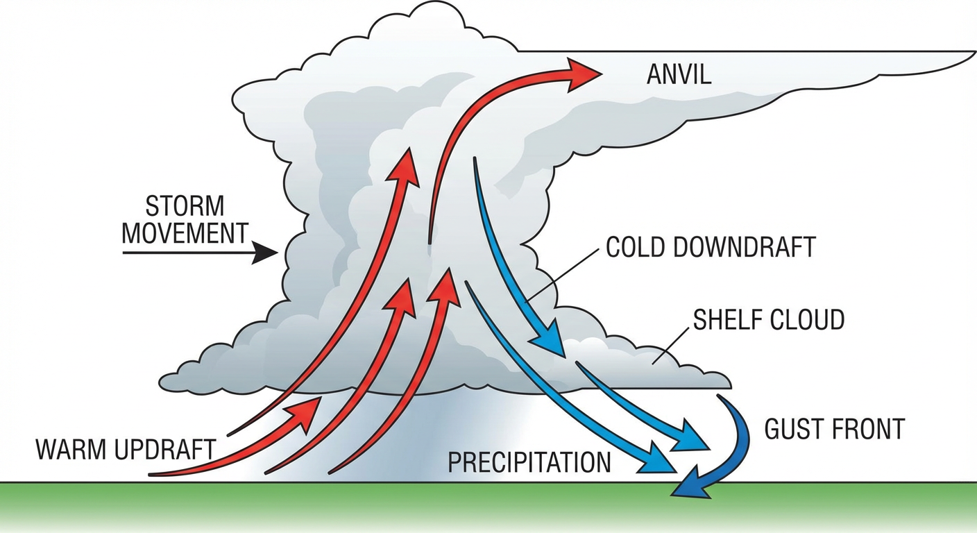 Cross-section diagram of a squall line thunderstorm