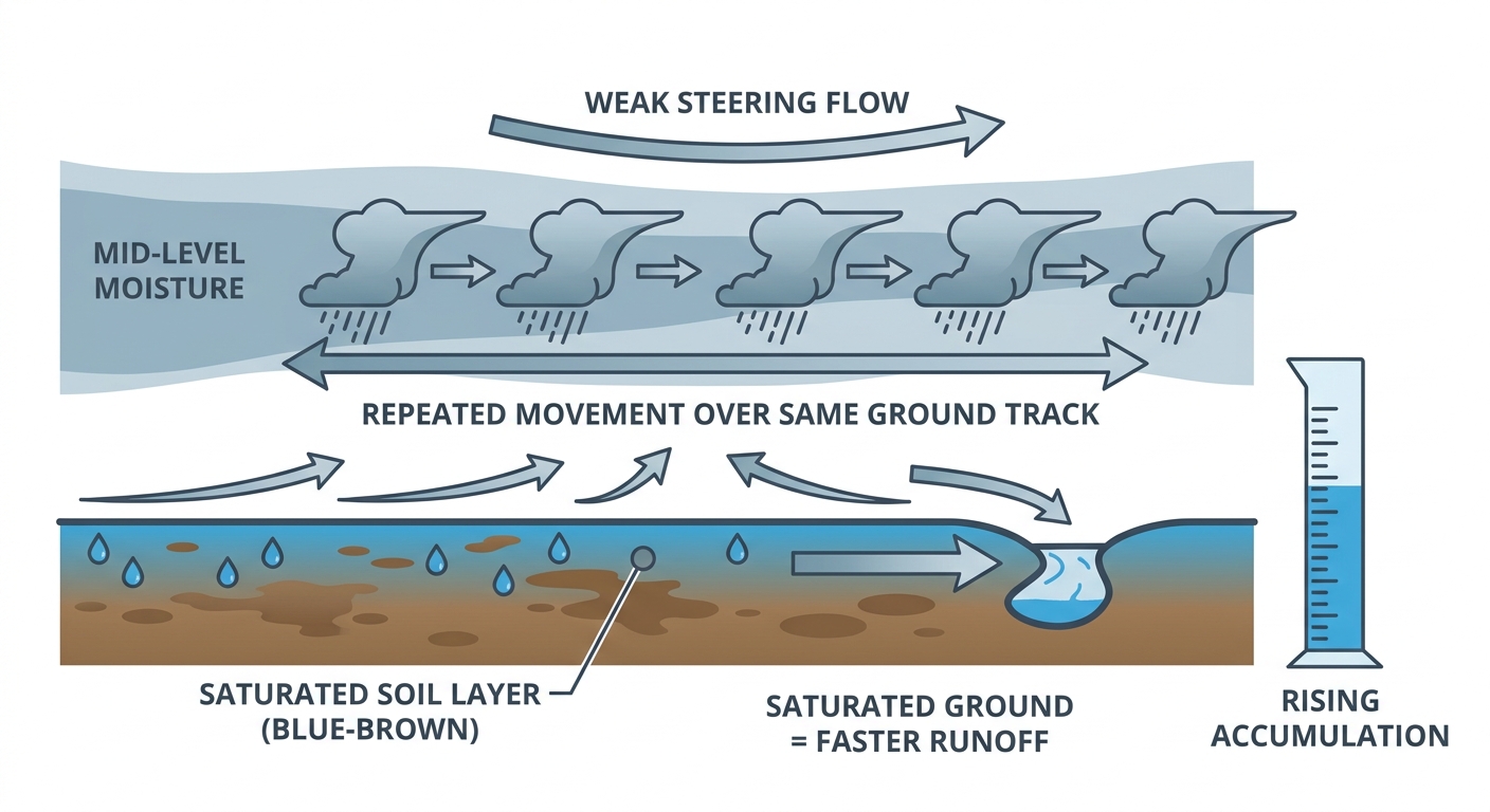A cross-section diagram illustrates how training thunderstorms repeatedly track over the same saturated ground, with arrows showing storm cells moving along a corridor and a rain gauge icon showing accumulating totals