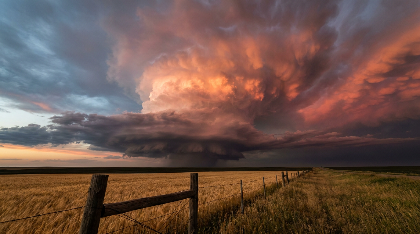 A rotating supercell thunderstorm updraft tower glowing orange and pink at dusk over a flat wheat field in the Southern Plains, with a wooden fence line in the foreground leading toward the horizon, wide-angle low perspective looking up at the storm base, warm amber and deep blue-gray color palette