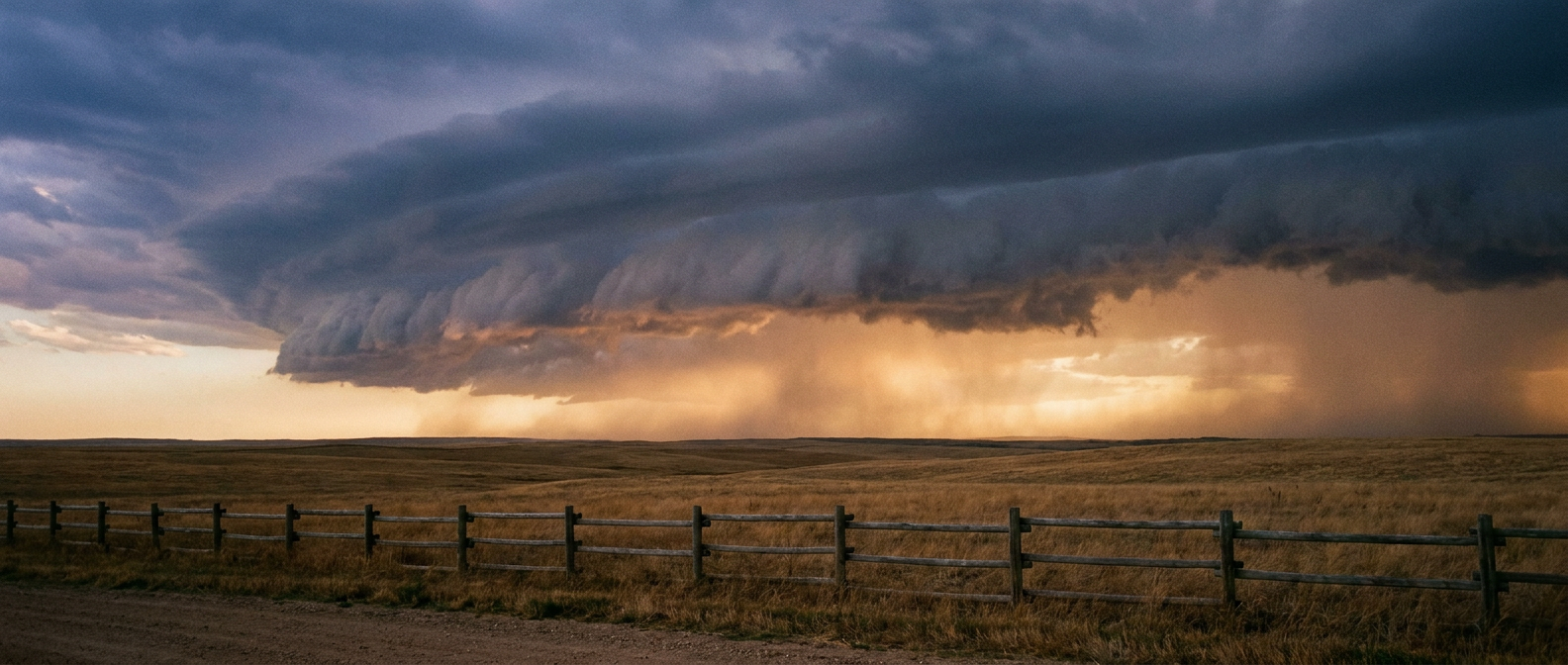 A dark shelf cloud advances over an open Midwestern prairie with a wooden outfield fence in the foreground, late afternoon light turning amber and gray-blue, low angle wide shot emphasizing the size of the approaching cloud shelf against flat farmland