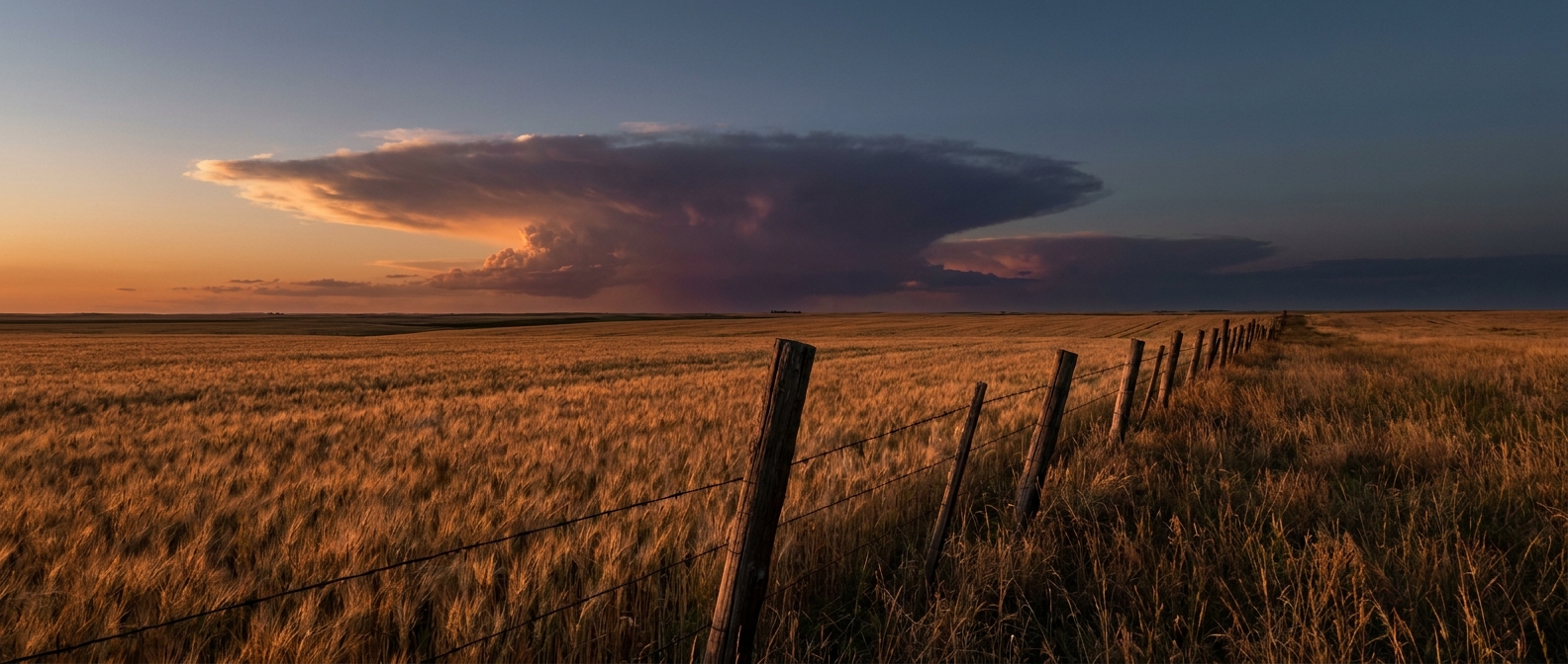Distant thunderstorm towers building over golden wheat fields in the Southern Plains at early evening, warm amber light on the crop rows, a lone weathered fence line running toward the horizon, wide low-angle shot capturing the developing anvil cloud against a darkening sky
