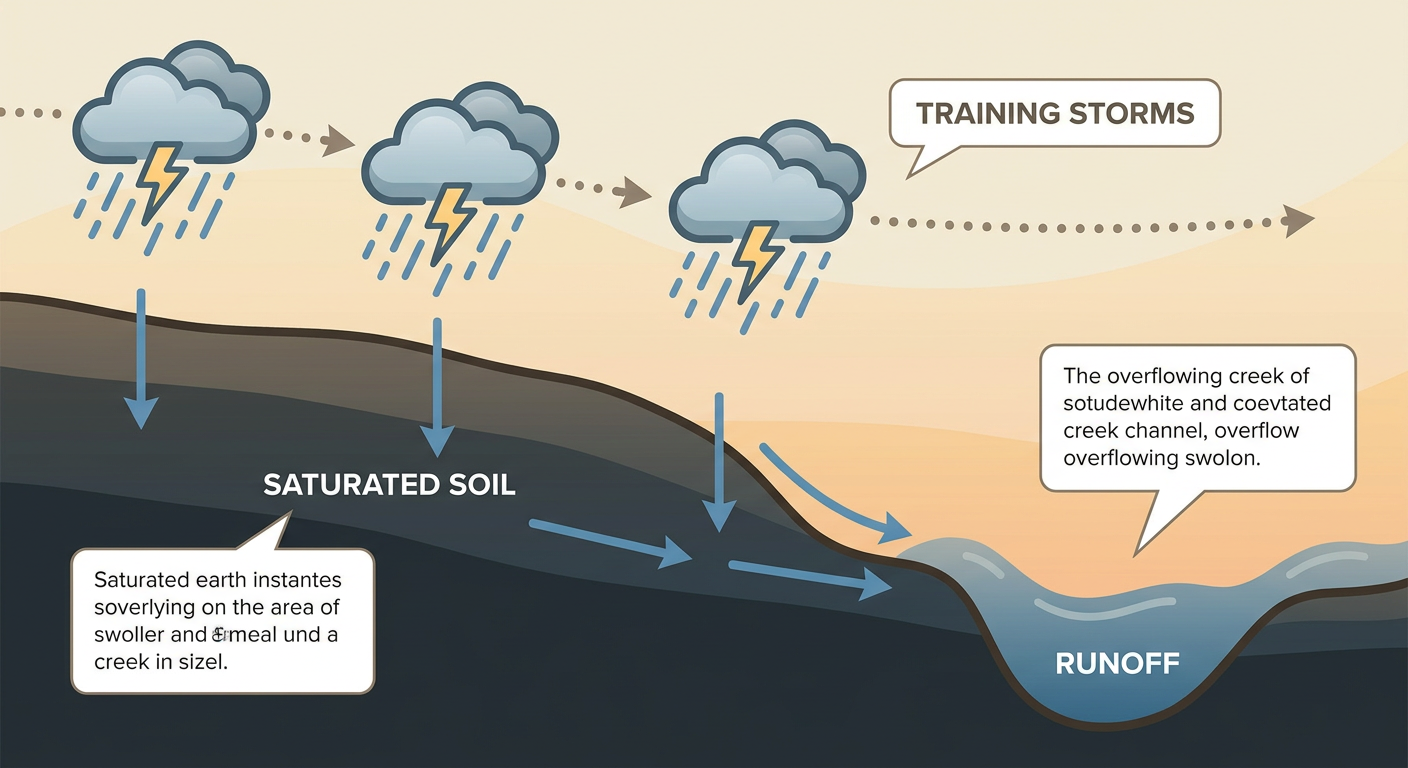 Cross-section diagram showing how repeated thunderstorm cells train over the same saturated ground, with soil layers shown fully waterlogged and runoff arrows pooling into a stream channel, labeled with rainfall rate annotations, warm morning light, educational infographic style, no text overlays besides simple labels