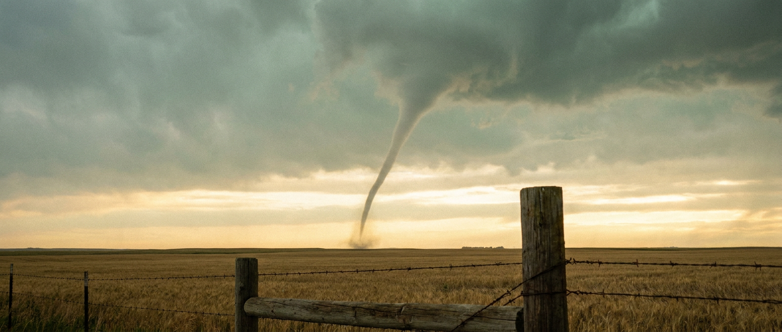 A thin landspout tornado touches down over an open North Dakota wheat field at dusk, with a barbed wire fence line in the foreground and a greenish-gray supercell base overhead