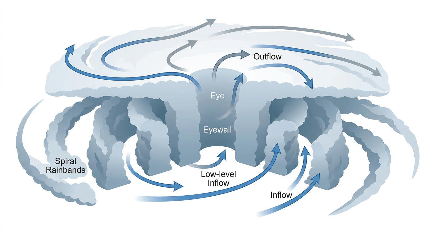Cross section diagram of a mature hurricane eyewall showing the calm clear eye, the surrounding ring of intense eyewall thunderstorms, spiral rainbands extending outward, and labeled arrows showing inflow at the surface and outflow aloft, rendered as a clean educational illustration with labeled text