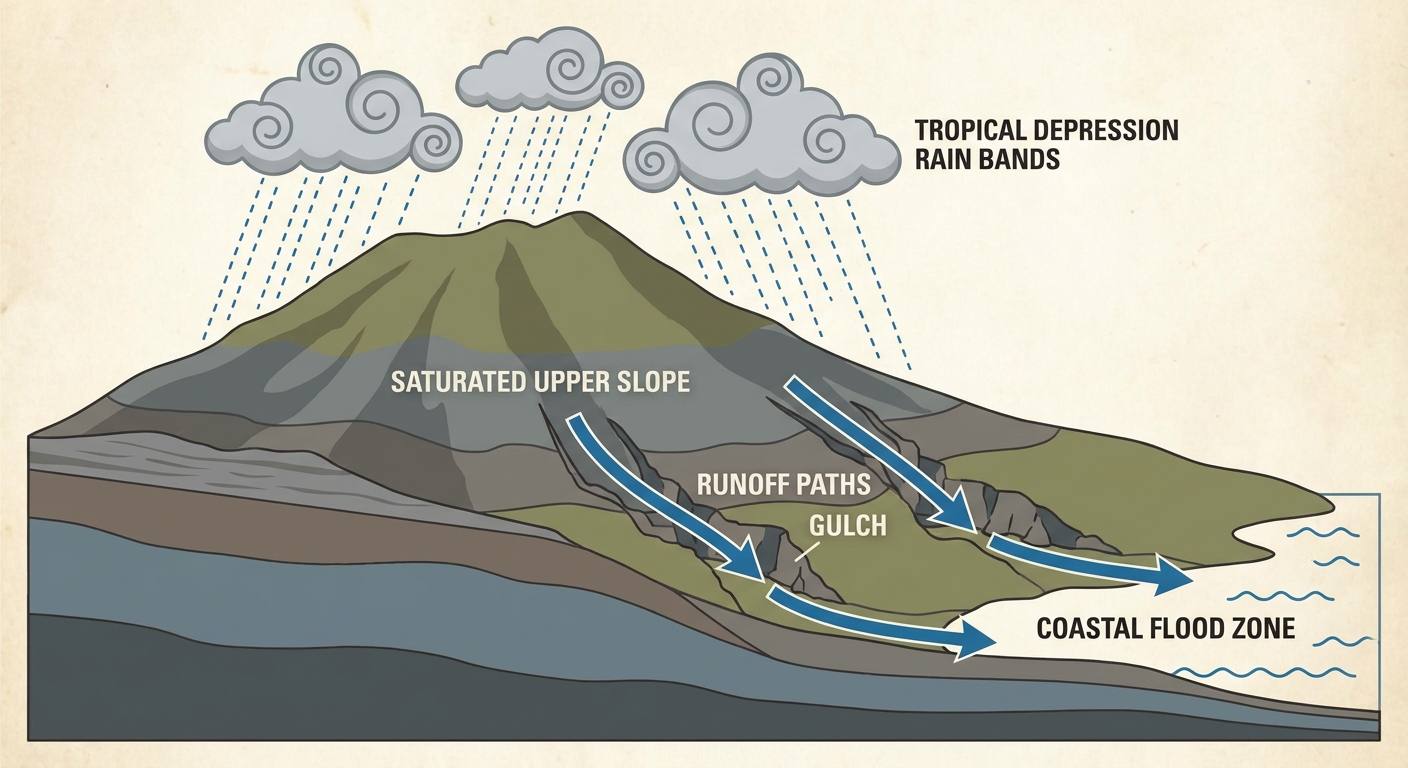 A tropical depression's rain bands wrapping around a volcanic island slope, cross-section diagram showing how saturated soil upstream leads to rapid runoff and flash flooding downstream