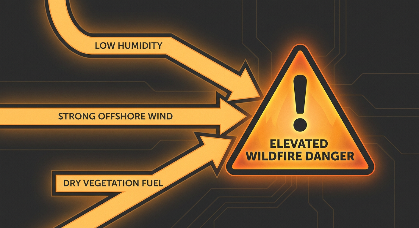 A simple flowchart-style infographic showing three converging arrows labeled low humidity, dry offshore wind, and dry fuel, all pointing into a single warning icon labeled elevated fire danger, in a warm amber and charcoal color palette