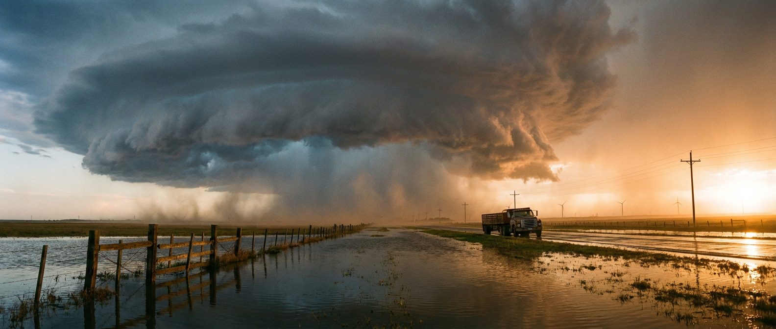 Storm clouds gathering over a flooded rural highway