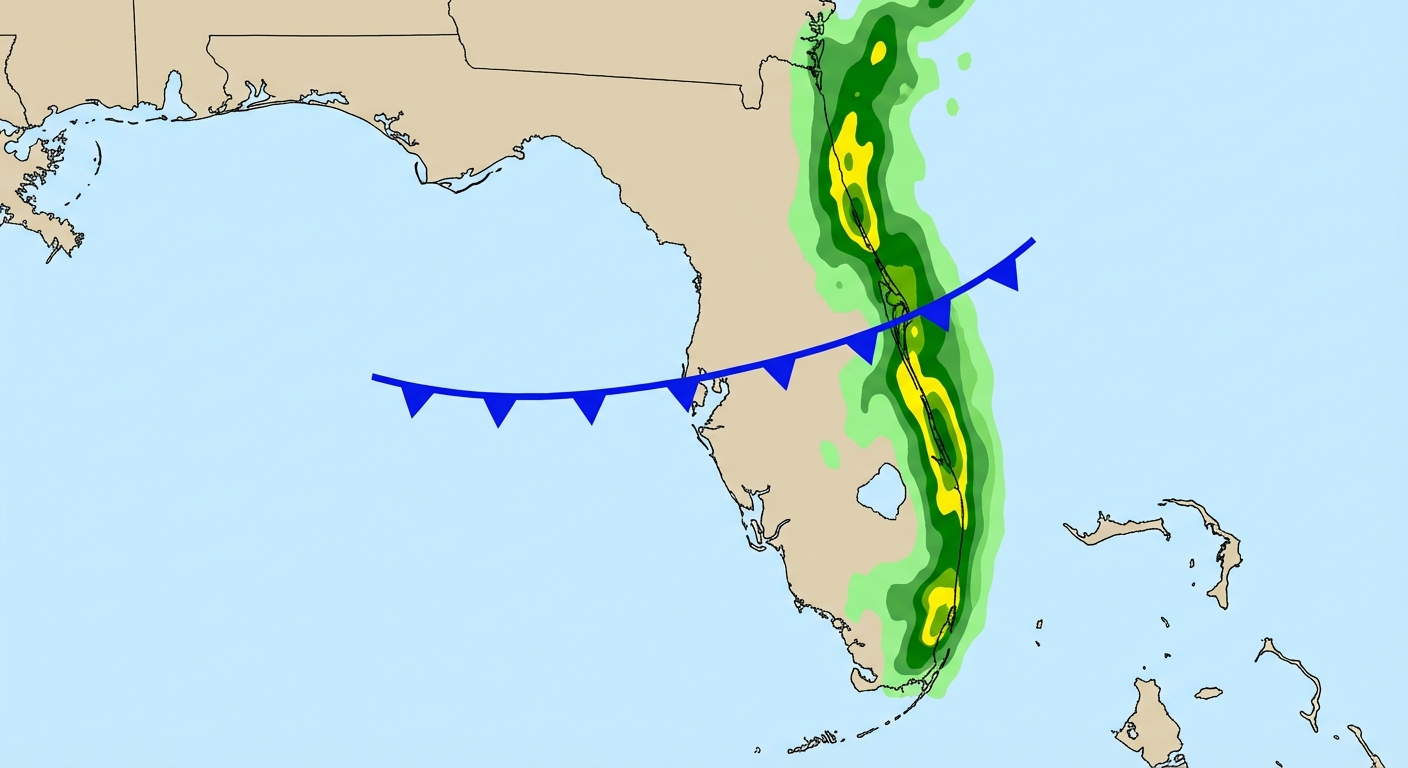 Map showing the stalled cold front across the Florida peninsula with heavy rain concentrated on the Atlantic coast