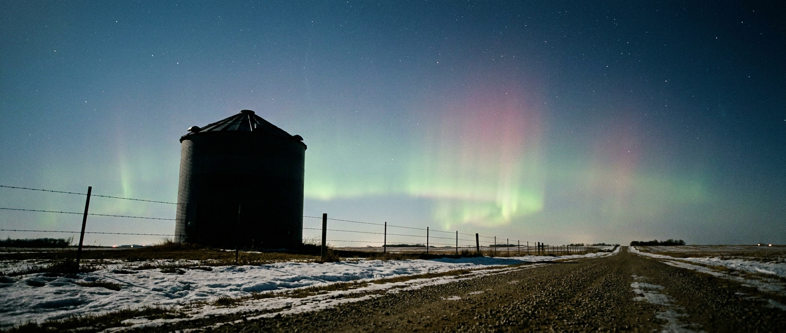 Faint green and pink aurora glows on the northern horizon over a dark Minnesota farm field, with a silhouetted grain silo and fence line in the foreground, cool blue-black sky, low camera angle looking upward, no text or logos