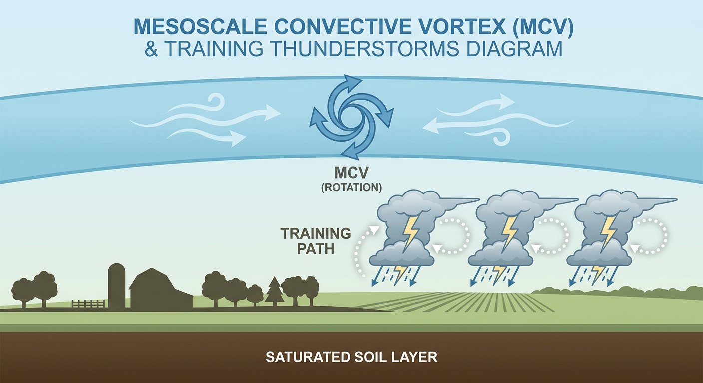 Cross-section diagram showing how a mesoscale convective vortex causes repeated rounds of rain to train over the same location, with labeled arrows showing storm motion versus the stalled circulation, saturated soil layer illustrated below ground level, clean educational infographic style with muted blue and brown tones