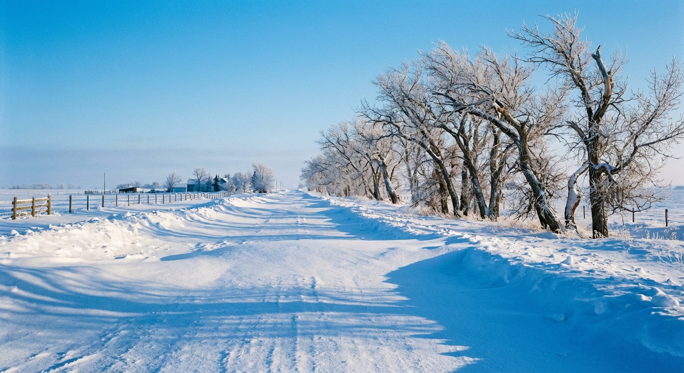Snow-covered rural road in North Dakota