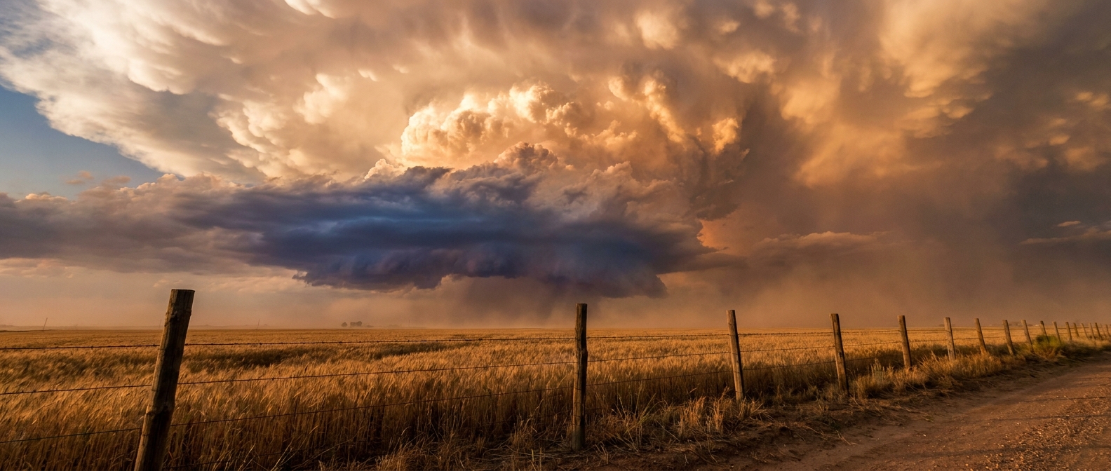 Tall thunderstorm updraft tower building over flat Oklahoma farmland in late afternoon light, with a wheat field and a barbed-wire fence line in the foreground