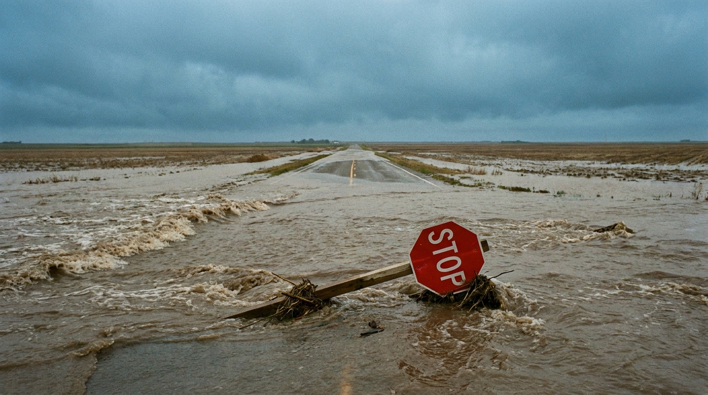 Floodwater rising over a rural Plains roadway at midday, brown turbid water swallowing the white center line, a leaning stop sign in the foreground, low gray rain-soaked sky, muted blue-gray and tan palette, wide eye-level perspective