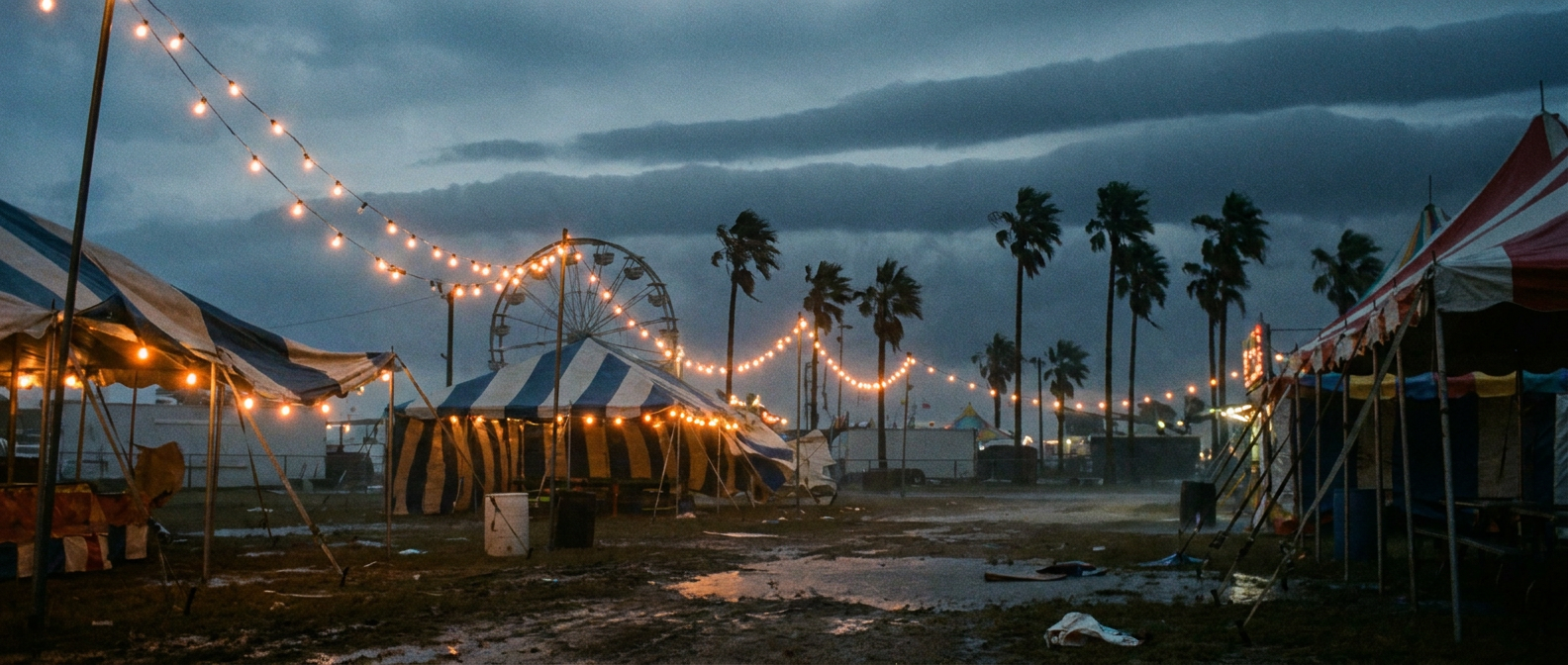 Outer rainbands moving over a Gulf Coast fairground at dusk, string lights swaying in gusty wind, dark cloud bands stacked behind empty festival tents
