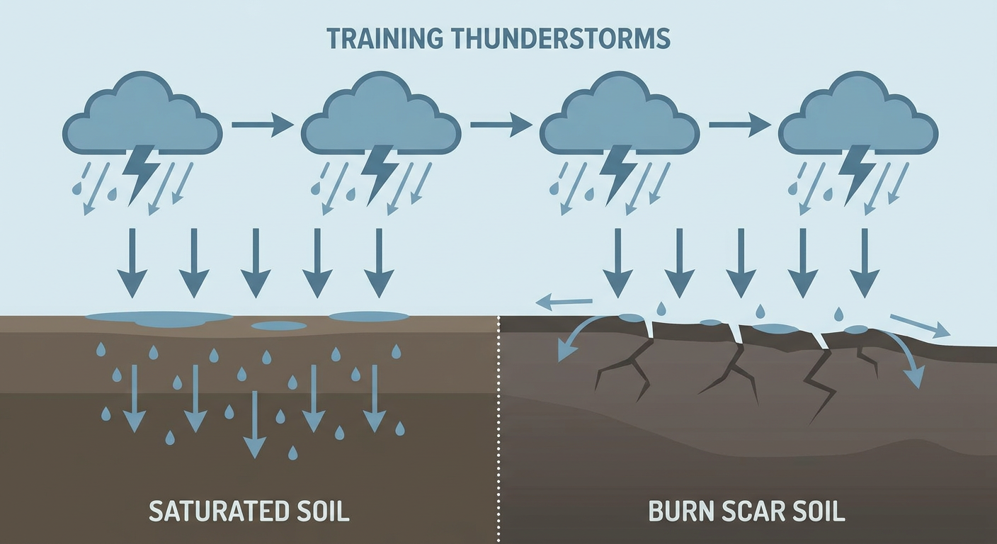 A cross-section diagram showing how training thunderstorms repeatedly move over the same area, illustrating heavy rainfall accumulation and flash flood risk on saturated versus burned soil