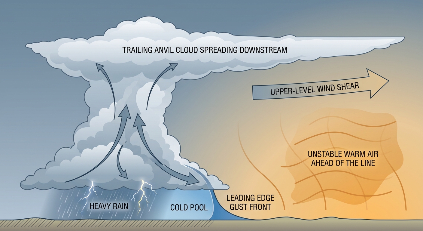 An annotated diagram shows a squall line moving southeast with labeled zones for wind shear, instability, and the leading edge outflow boundary
